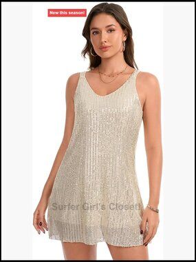 Sequin Shift Mini Dress Sleeveless V-Neck A-Line Sparkly Party Dress